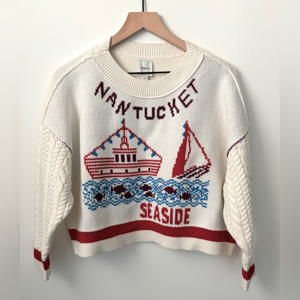 NWT Maeve Graphic Cable-Knit Sweater with Nautical Charm Nantucket Sailboats - Picture 6 of 10